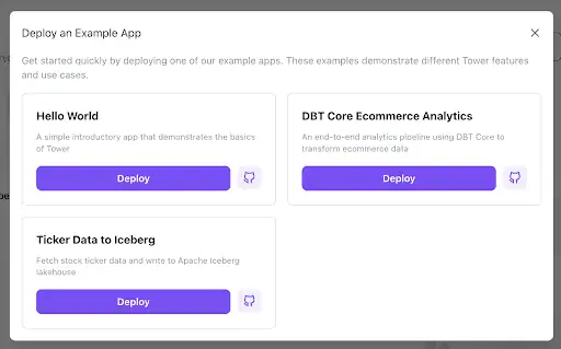 Deploy an Example App dialog showing Hello World, DBT Core Ecommerce Analytics, and Ticker Data to Iceberg apps